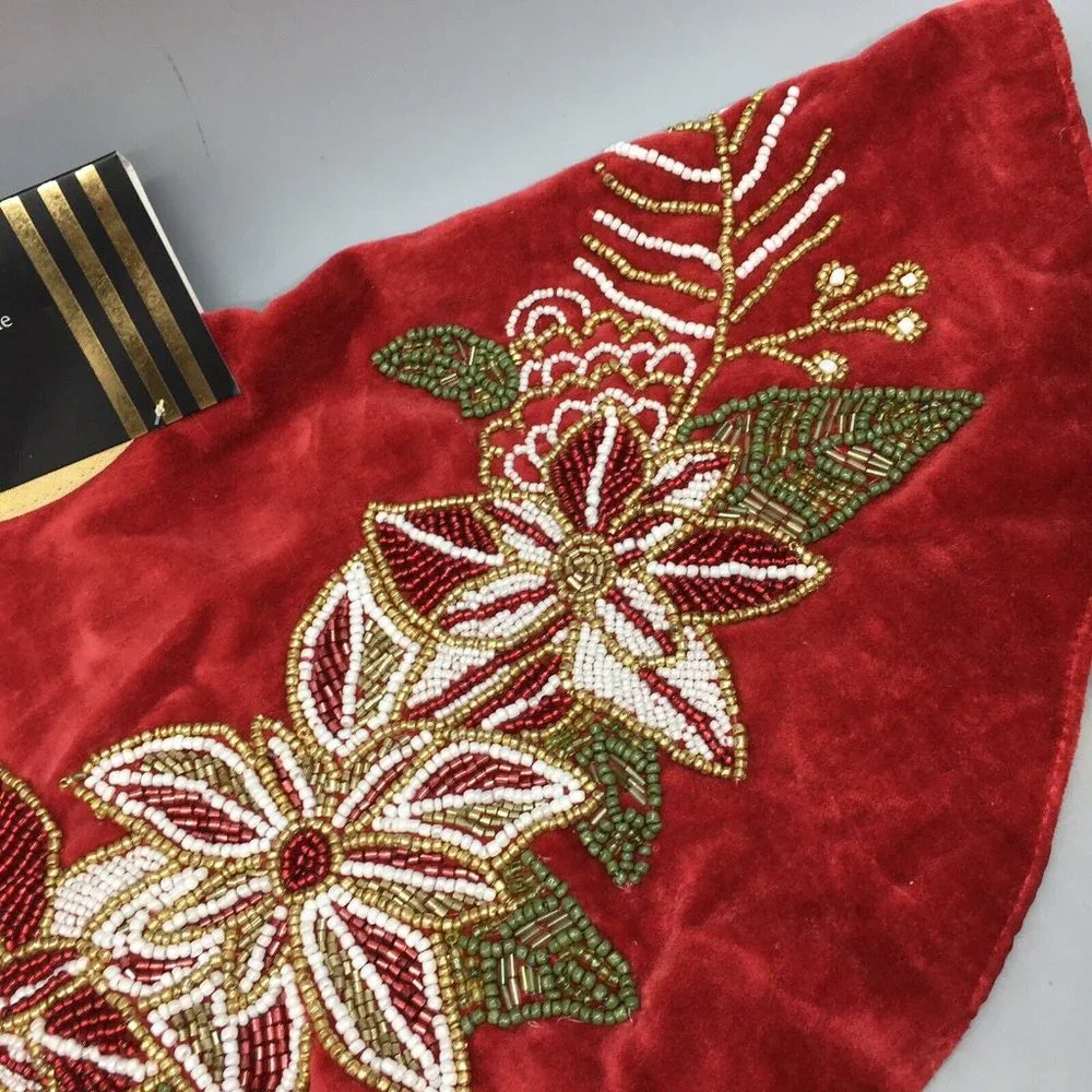 Max Studio Tabletop Mini Red Velvet Beaded Poinsettia Christmas Tree Skirt 22”